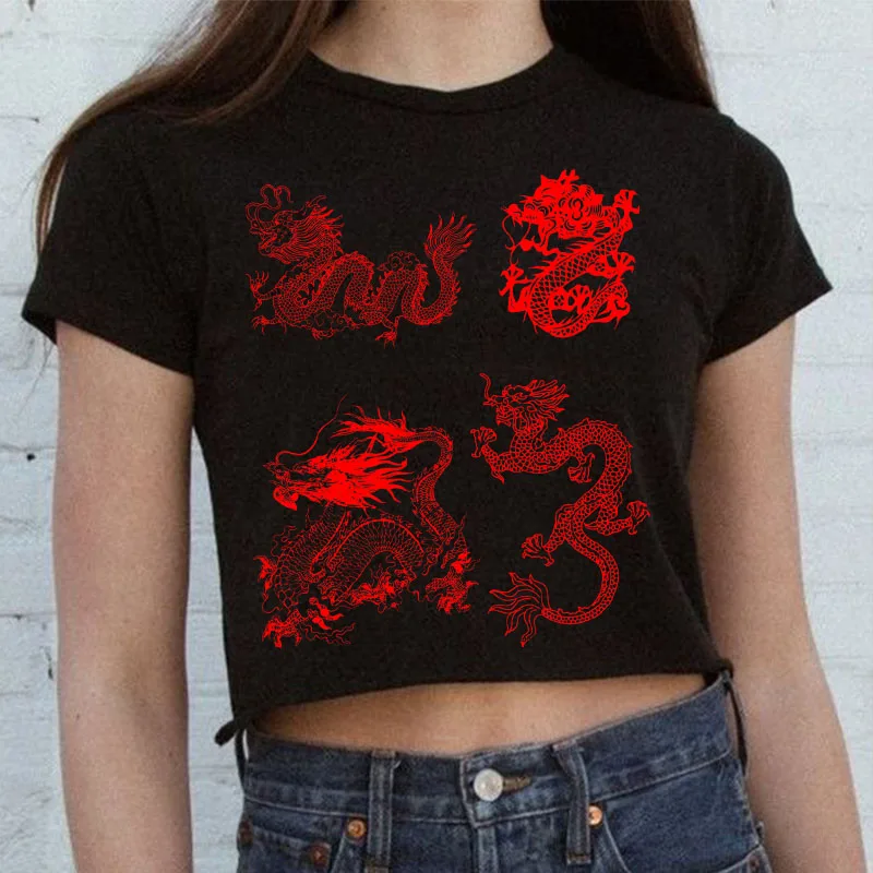 

Винтажный укороченный топ с рисунком дракона, летняя футболка с круглым вырезом и коротким рукавом, эстетичная модная одежда в стиле Харадз...