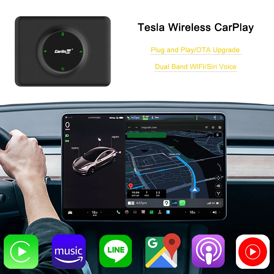 

Беспроводные автомобильные аксессуары Carplay Ai Box для Tesla Model 3 Y S X, интеллектуальная система OTA, онлайн-обновление, Wi-Fi, быстрая подключение и во...