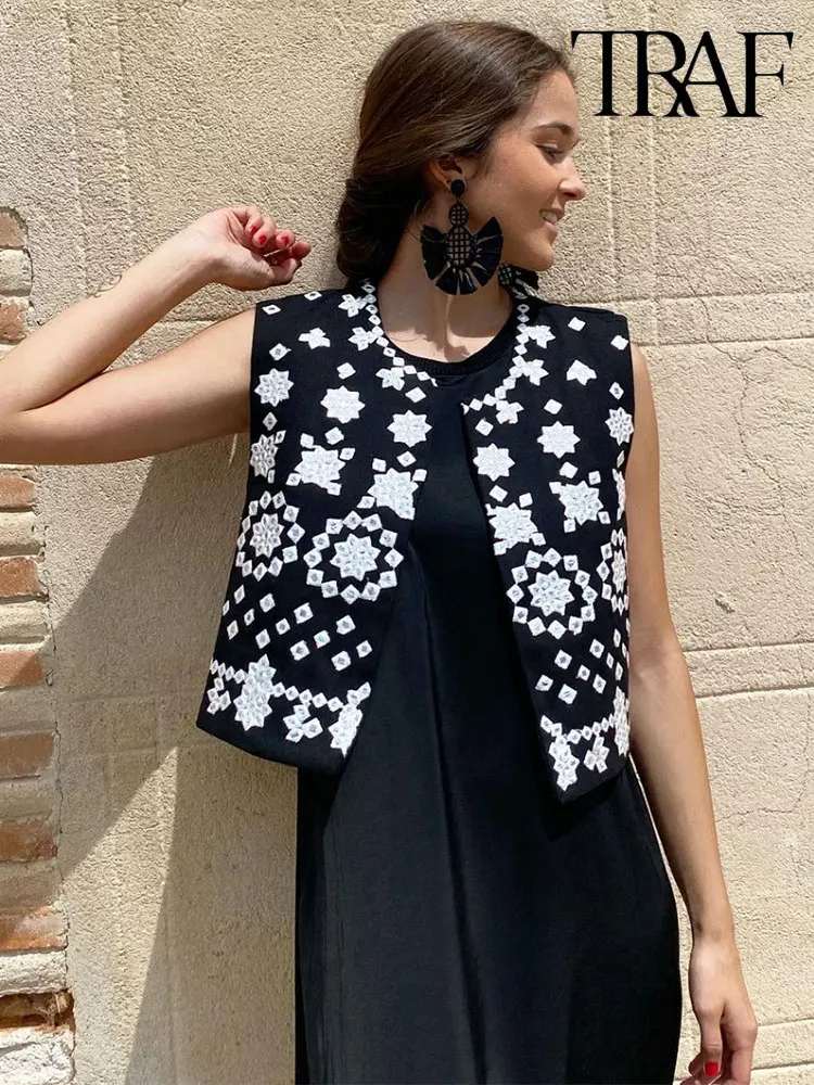 

TRAF Spring Summer Women Mirror Embellished Embroidery Cardigan Vests Fashion National Style Vintage Sleeveless Casual Slim Tops