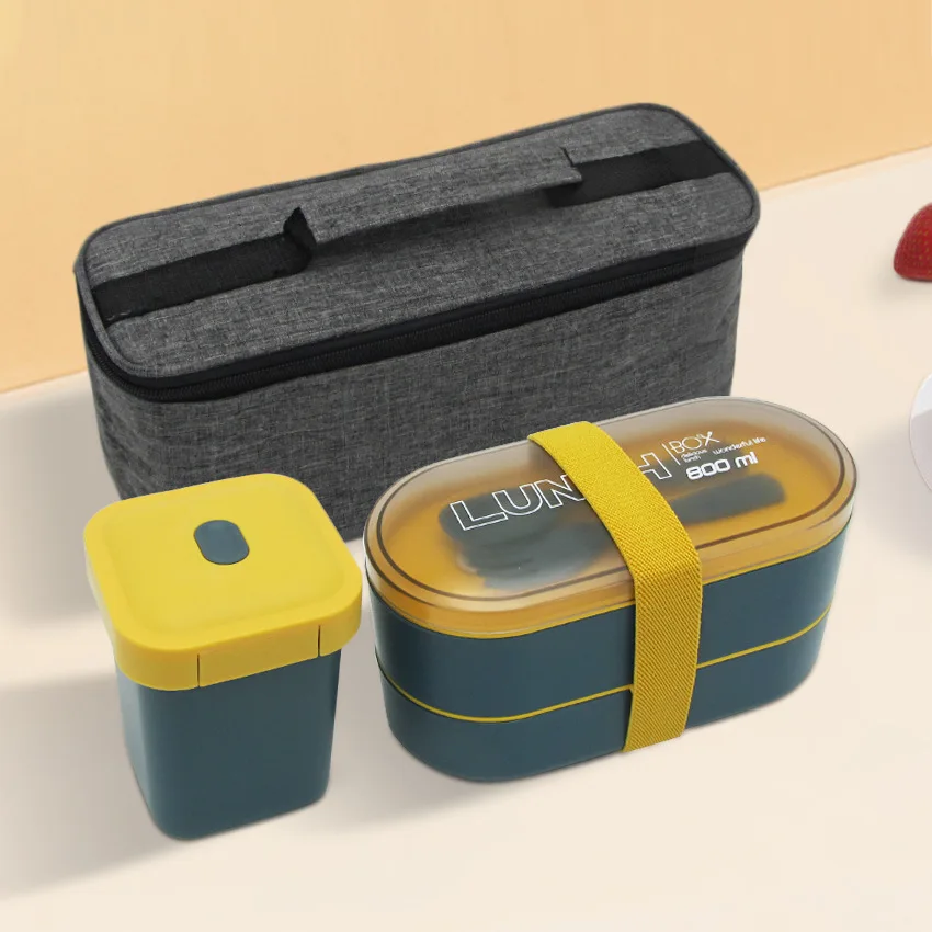 

New Double Layer Healthy Material Lunch Box With Fork and Spoon Microwave Bento Boxes Dinnerware Set Food Storage Container