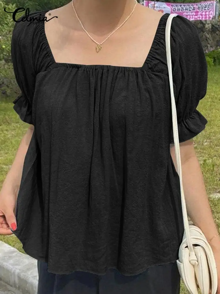 

Celmia Summer Solid Blouse Elastic Flare Pleats Square Collar Korea Short Puff Sleeve Tops Women Leisure Fashion Tunics Shirts