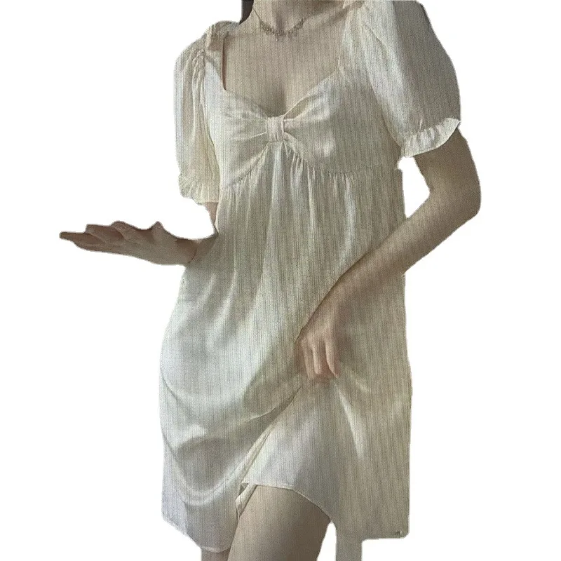 Summer Women's Silk Pajamas Solid Short Sleeve Nightdress with Chest Pad Bow Vintage Nightgown Women Sleepwear Sexy Sleepwear