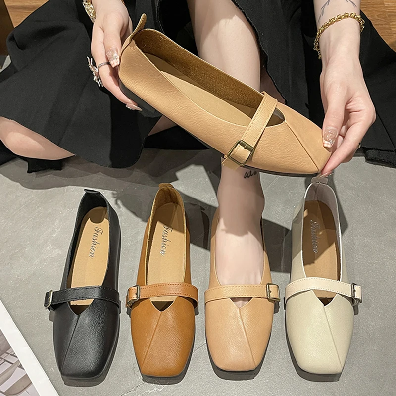 

Hollow Flat Shoes Women Square Head Buckle Slip-on Pumps New Soft-soled Cozy Loafers Fashion Commuter Ballet Flats Shoes Women