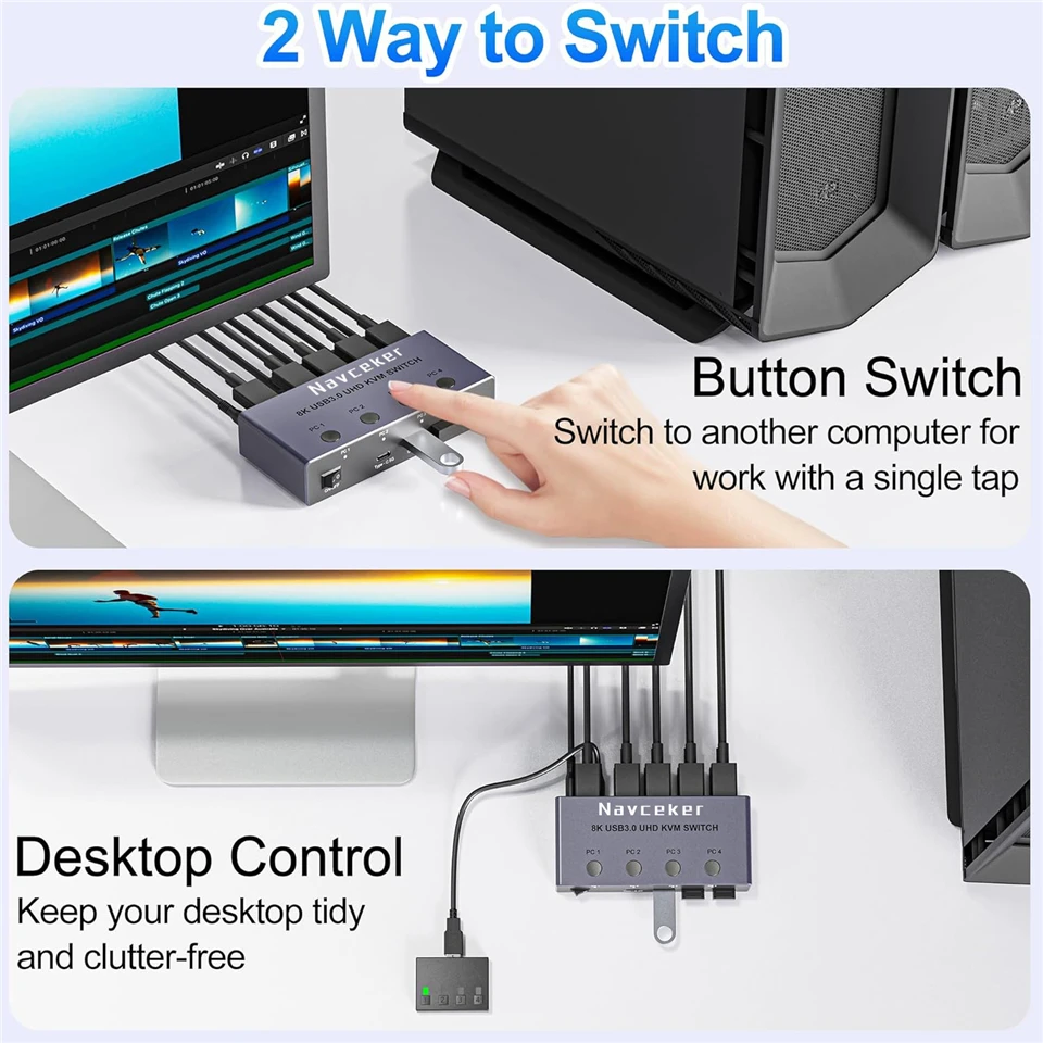 Фото KVM-переключатель Navceker 4K 240 Гц HDMI 4x1 8K KVM 4-переключатель для ПК 4-портовый переключатель USB 3.0 4 в 1 выход для всего 1 монитора Мышь Клавиатура №5