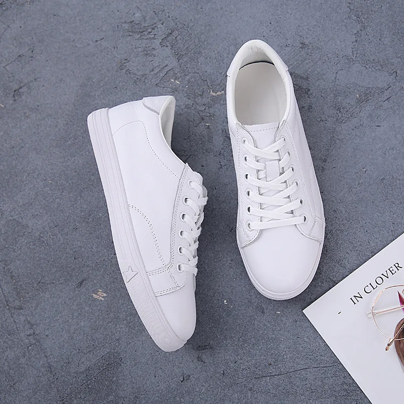 New Cowhide Shoes Women's Simple Leather Casual Lace Up Shoes Fashion Loafers Lolita White Tenis De Mujer