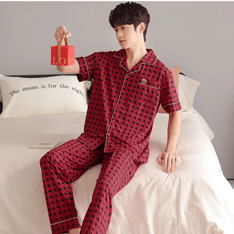Yasuk Spring Summer Women's Men's Casual Soft Sleepwear Couple Pajamas With Pants Cotton Pullover Thousand Birds Plaid BigSize