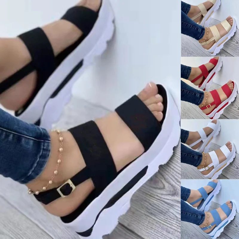 

Сандалии женские с открытым носком, дышащие пляжные босоножки на танкетке, туфли с пряжкой, лето 2023