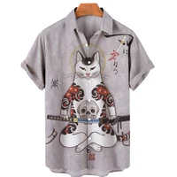 summer high quality mens hawaiian shirt japanese samurai cat short turn leader large button men and women beach loose shirt top
