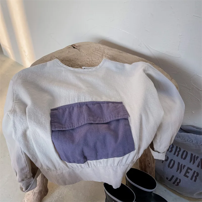 

2022 Summer Children's Big Pocket Sweater Toddler Boys Wide Casual Blouse Kids Girls Fashion Shirts Baby Long Sleeve Shirt