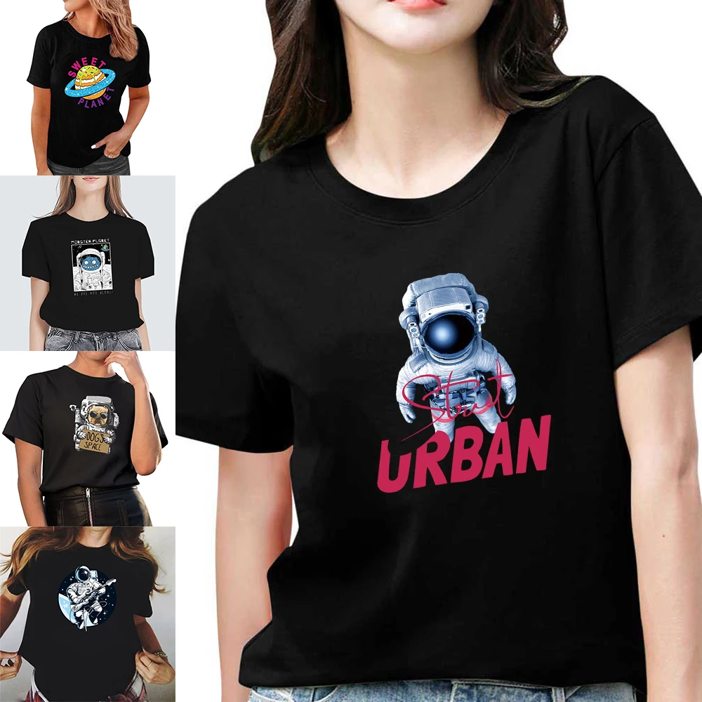 

Women T-shirt Casual Slim Round Neck Tshirt Basic Soft Classic Astronaut Pattern Breathable Comfortable Youth Women's Top Tees