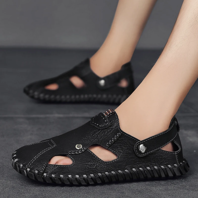 

8 plus size sandals men's leather Baotou outdoor sports leather sandals 47 increased widening 46 breathable driving