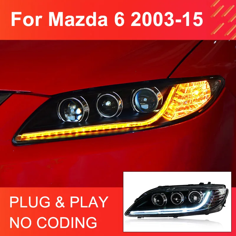 

Передняя фара в сборе для Mazda 6 2003-2015, 1 пара, фары «подключи и работай» с динамическими вращающимися линзами проектора, лампа для головки