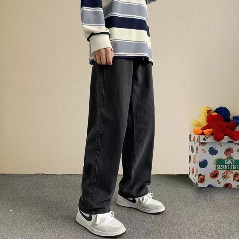 2023 Hot New Street Loose Jeans Men's Korean Fashion Loose Straight Wide Leg Pants Black Light Blue