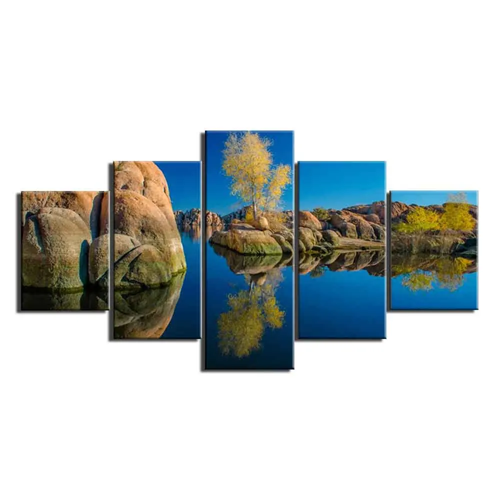 Красивая живопись холст природный пейзаж огромная скала на реке 5 панелей печать