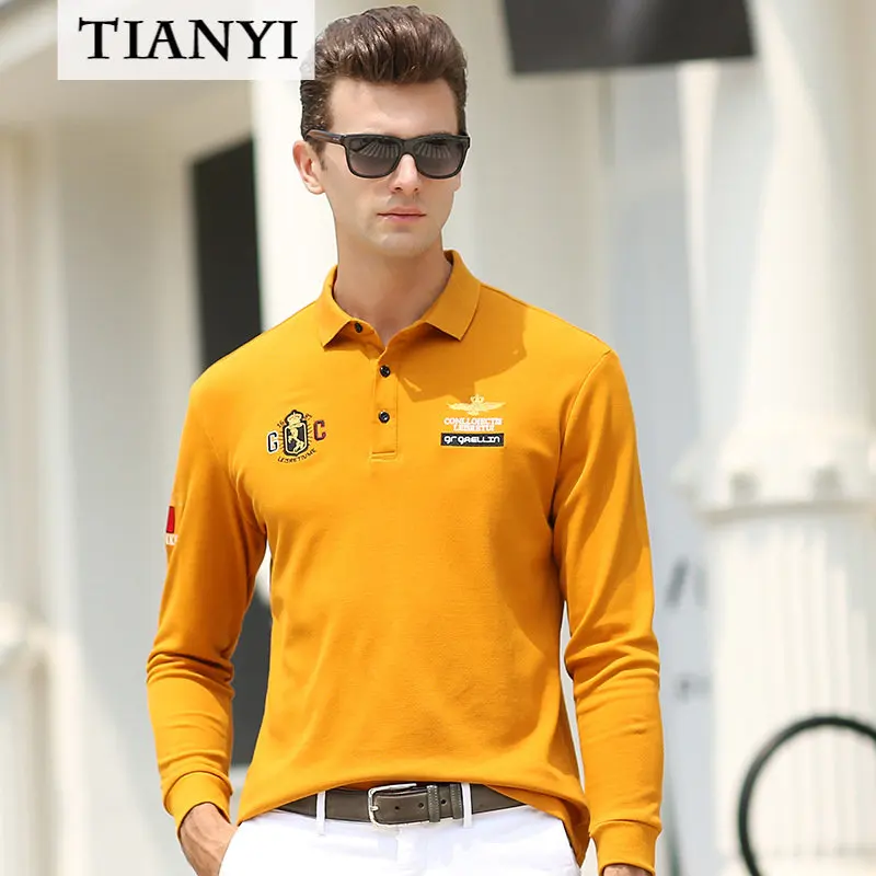 European and American Style Business Cotton Men's Polo Shirt, Exquisitely Embroidered Solid Color Lapel Long-sleeved T-shirt