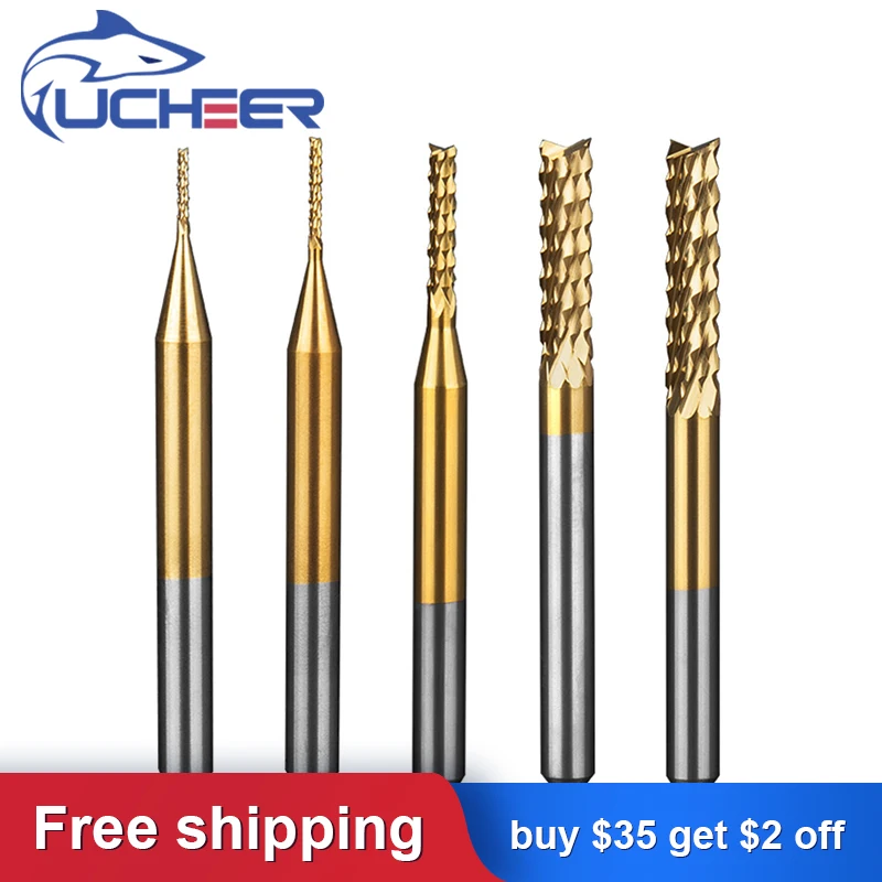 

UCHEER 10pcs 3.175 PCB Corn milling Cutter TiN coating Tungsten router bits cutting end mill for Engraving machine