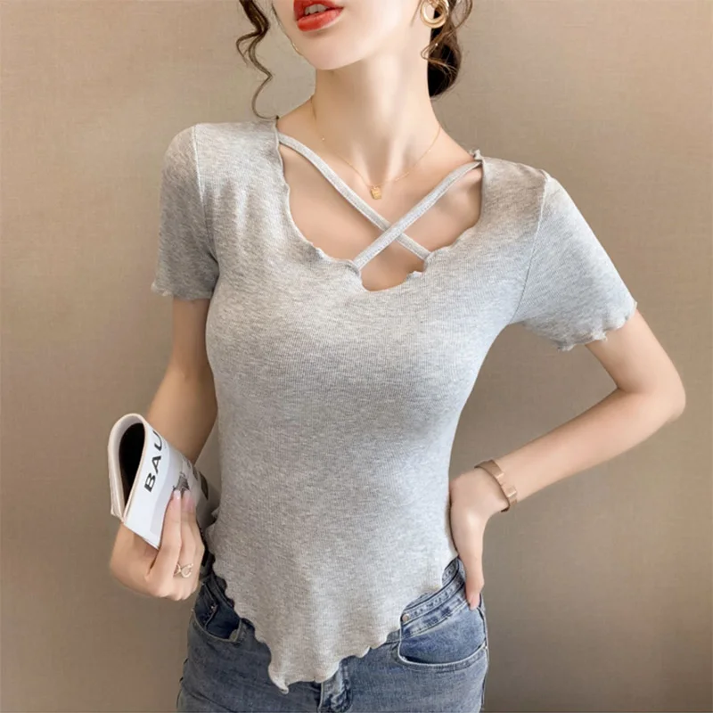 

GGRIGHT Women Clothing 2022 Asymmetric Frill Trim Cotton Tee Shirt Femme Grey Casual T-Shirt Camisetas Summer Ladies Tops