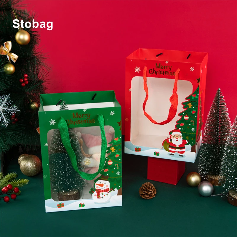 

StoBag 5pcs/1Lot Marry Christmas Tote Gift Bags with Window Candy Packaging Santa Claus Kids Holiday Happy Year Party Favors