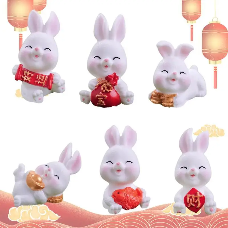 

Miniature Rabbit Figurines 6pcs Resin Miniature Bunny Lucky Chinese Zodiac Rabbit Year Ornament Rabbit New Year Table Decor
