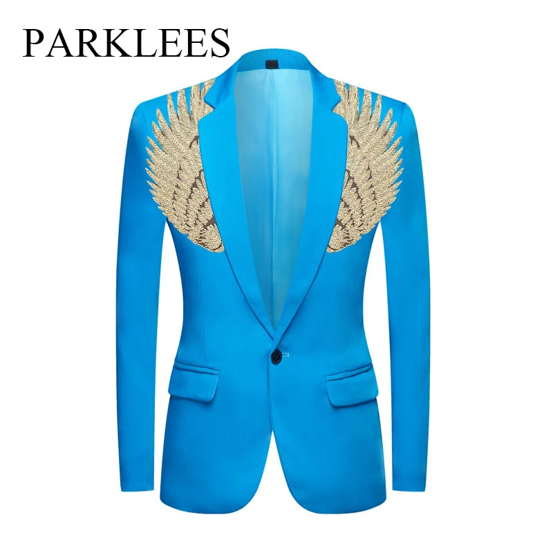

Parklees Sequin Sky Blue Mens Blazer Jacket Stylish Glitter Wing One Button Patchwork Suit Blazer Prom Stage Clothes for Singers
