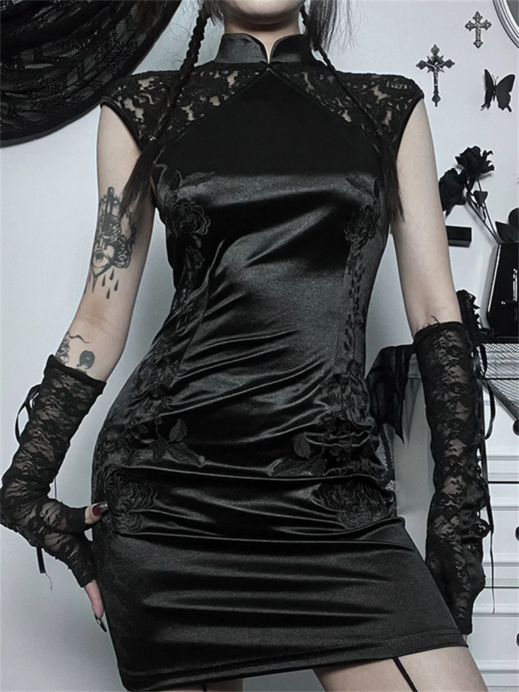 Новинка 2023, элегантное ретро-Платье темного цвета, готическое сексуальное китайское платье Chengsam в стиле гранж, кружевное мини-платье в стиле панк, искусственная вечерняя одежда