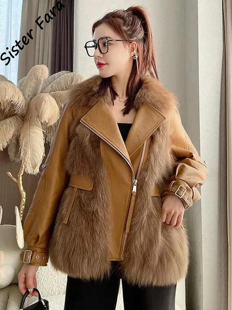 

Winter Faux Fox Fur Leather Jackets Women Loose Casual Coat Female Drop-shoulder Motorcycles Locomotive Outwear Coat