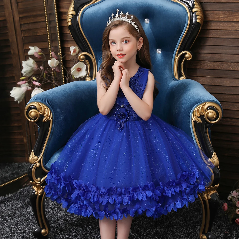 

Summer Blue Round Neck Cotton Children's Birthday Dresses for Girl Wedding Banquet Flower Princess Clothing of 2-10 Years Old