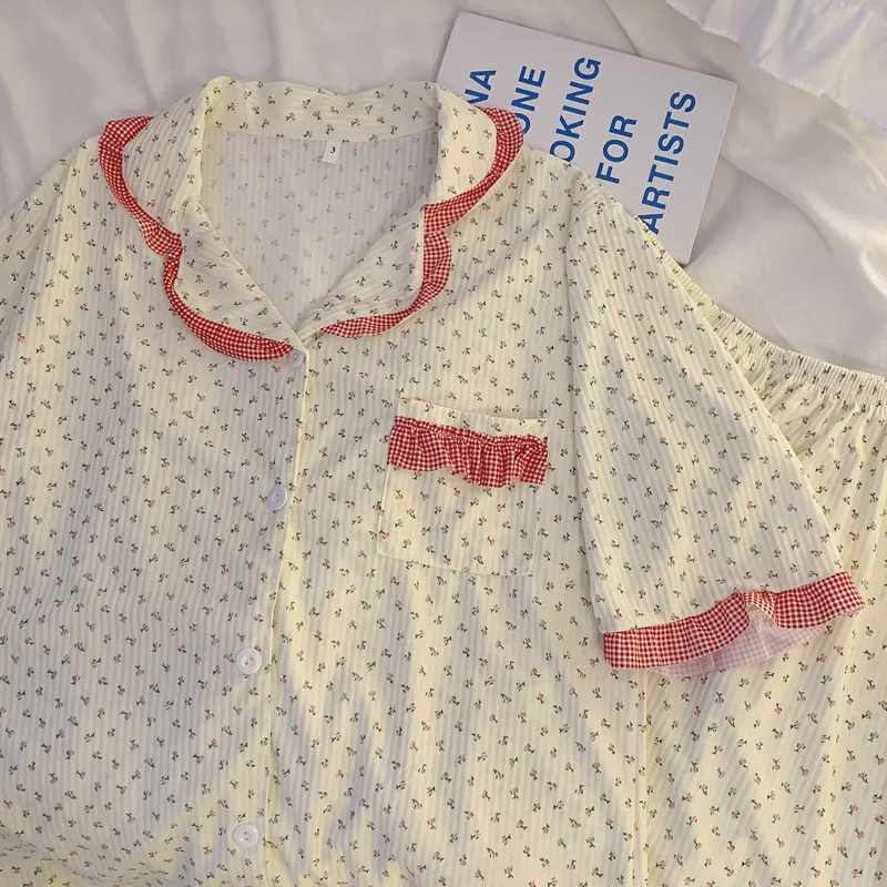 Summer Pajamas Women's Sweet Net Red Flower Short-sleeved Shorts Two-piece Student Cotton Casual Loose Kawaii Home Clothes Suit