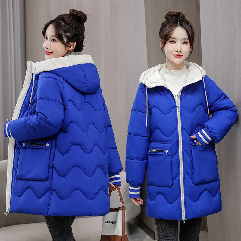 New Winter Down Cotton Jacket for Women Korean Students Thickened Cotton Jacket Loose Medium Long Color Contrast Cotton Jackets