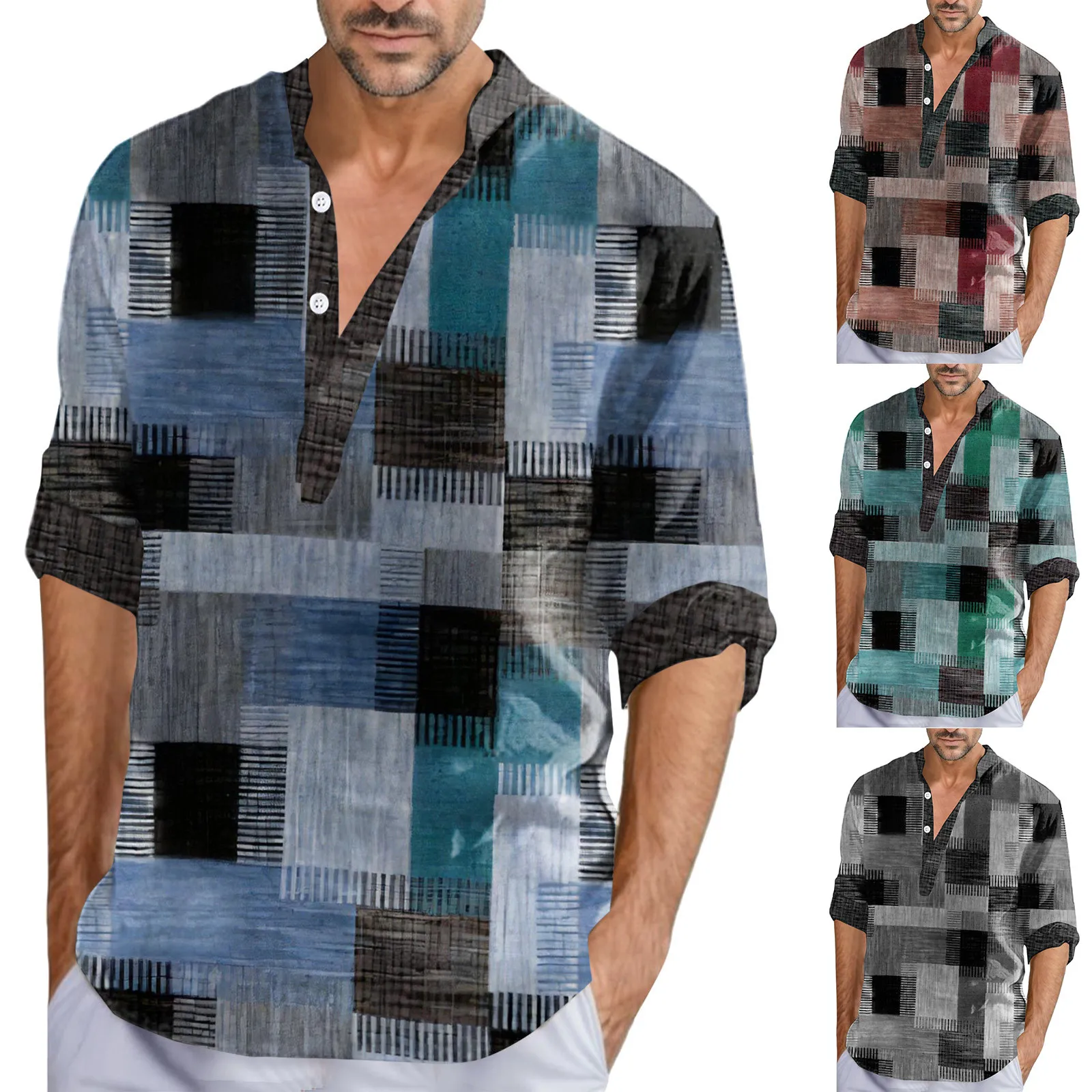 

Mens Casual Fashion And Comfortable Stand Collar Long Sleeve Beach Printed Shirt Retro Social dress shirt