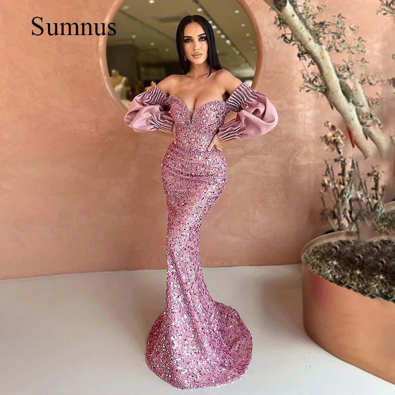 

Sumnus Purple Mermaid Evening Dress Shiny Sequined Satin V-neck Prom Dresses Luxury Party Dress Special Occasion Gowns For Women
