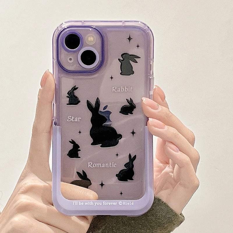 

Cartoon Black Rabbit Invisible Stand Holder Case For iPhone 13 Pro Max 11 12 14 Plus Clear Soft Shockproof Cover