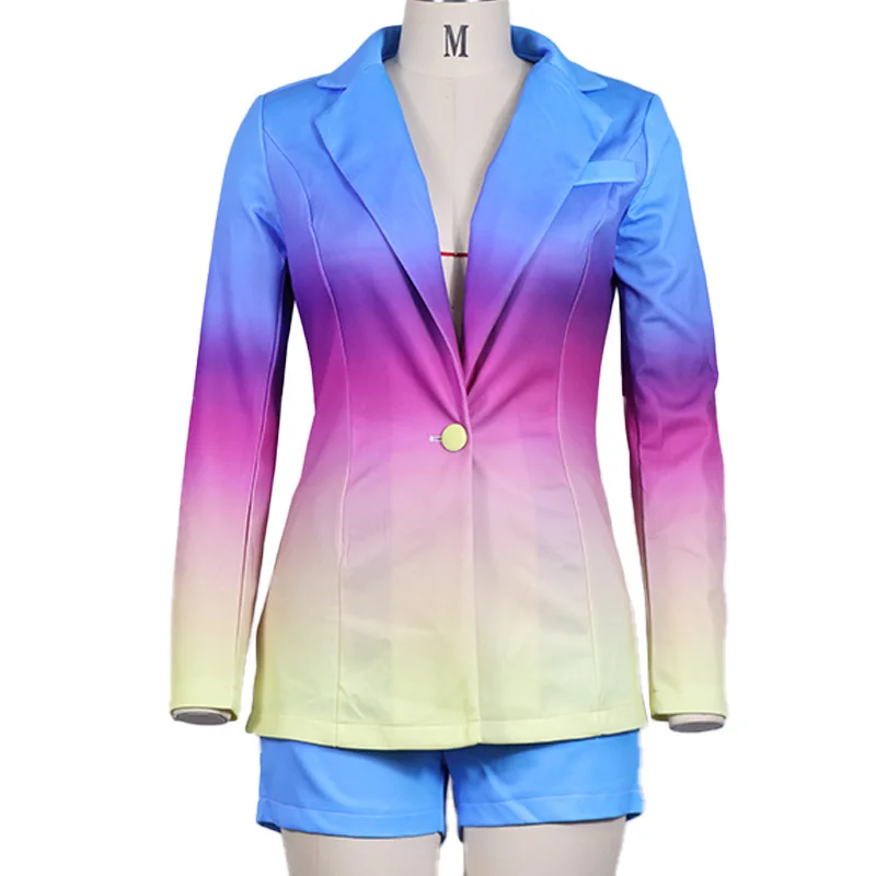 Autumn Winter Printed Slim Long Sleeve Shorts Blazer + Solid Bodycon Short Suits Fashion Elegant Casual Two Piece Suit Clothes