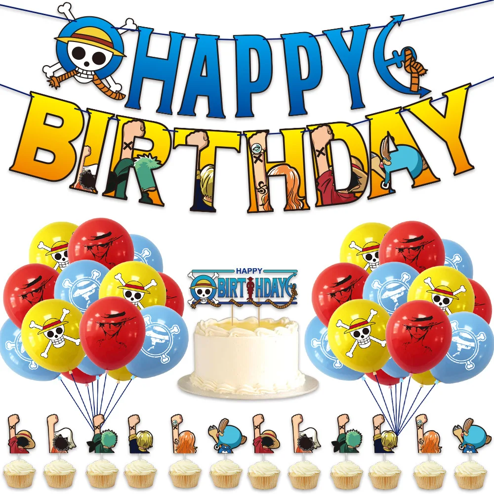 

1set Pirate King Theme Party Decoration Latex Balloon Cake Insert Pull Flag Set Paper Banner Party Supplies Halloween Decor