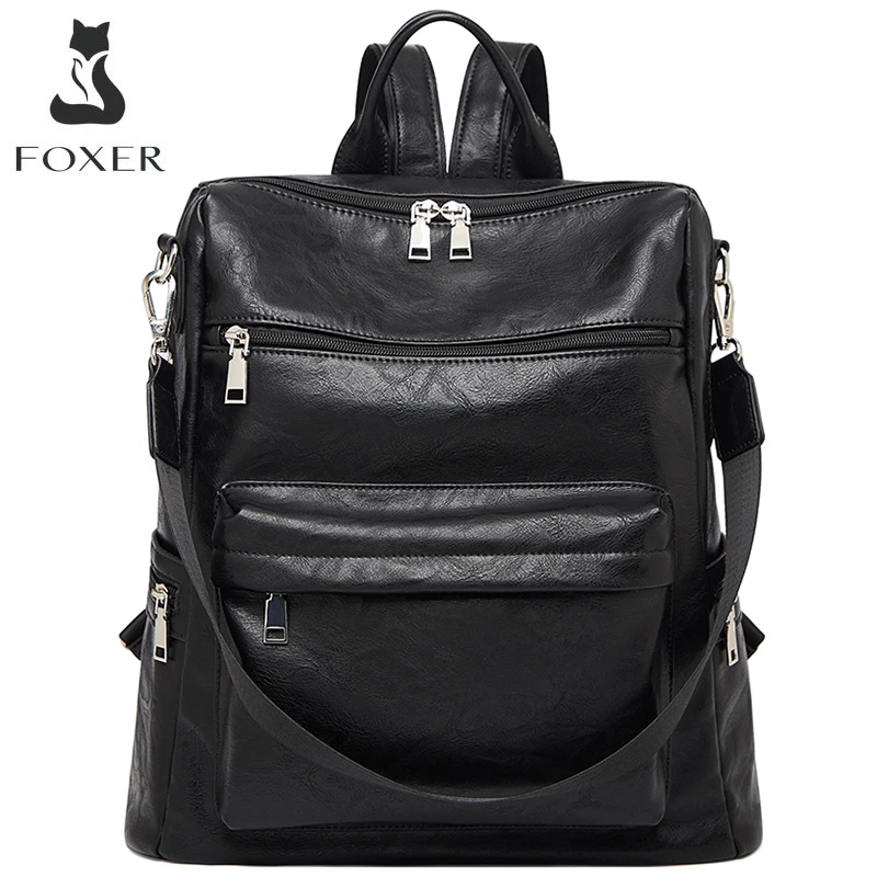 

FOXER Women Big Capacity AntiTheft Computer Backpack PU Leather Lady Travel Rucksack Female Shoulder Casual Top Quality Bookbags