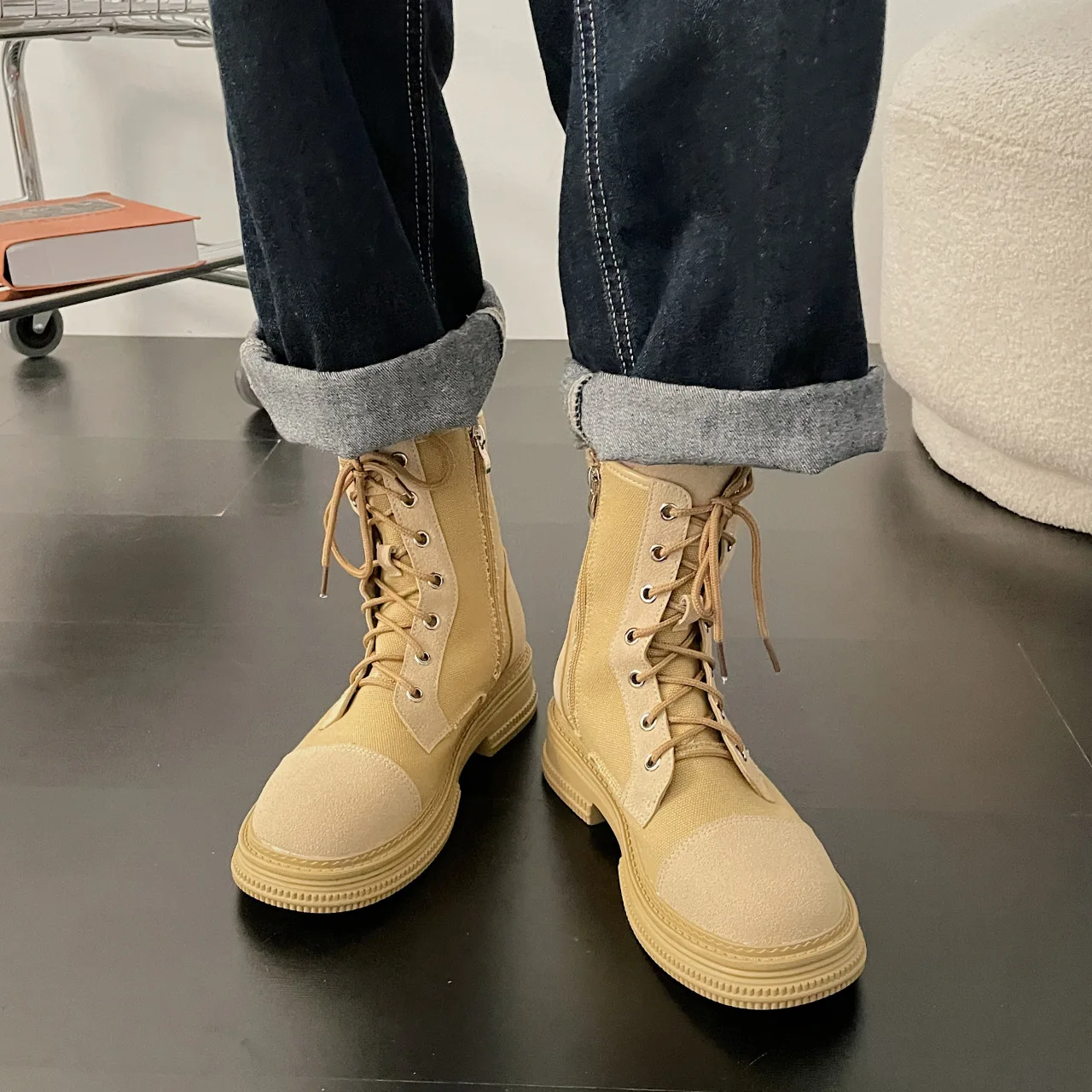 

Ботинки женские на молнии, ботинки с круглым носком, на платформе, до щиколотки, из 2022 резины, на среднем каблуке, для верховой езды