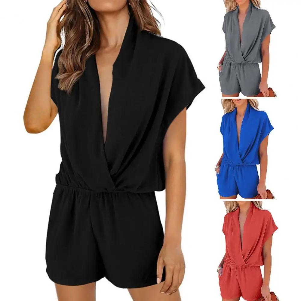 

Women Romper Solid Color Easy to Match Soft Fabric Breathable Comfortable Casual Short Sleeves Wide Leg Deep V Neck Elastic Wais