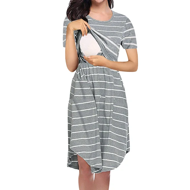 New Ladies Maternity Care Striped Summer Dress Maternity Pajamas Multifunctional Mother Breastfeeding Patchwork Dress 2
