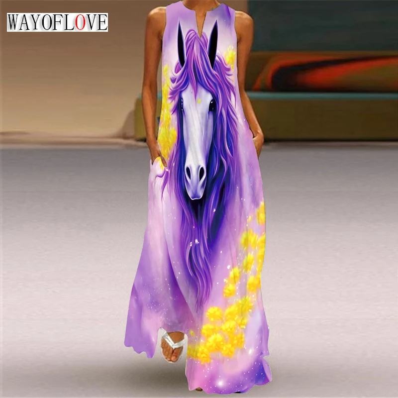 

WAYOFLOVE Ladies Spring Summer Long Dress Purple Sleeveless V-neck Horse Printed Beach Dresses Party Elegant Loose Vintage Dress