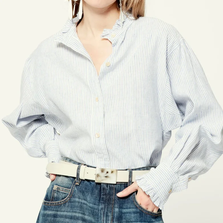 

Women's Shirt Stand Collar Stripes Long Sleeve Single Breasted Blouse Casual