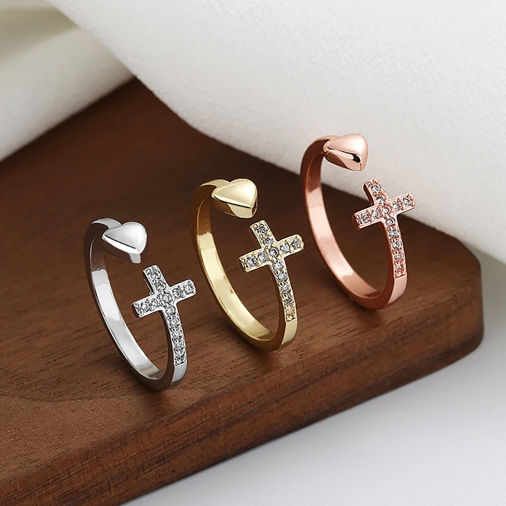 

Copper Heart Cross Rings With CZ Adjustable Finger Ring For Women Promise Wedding Anniversary Jewelry Mother's Day Birthday Gift