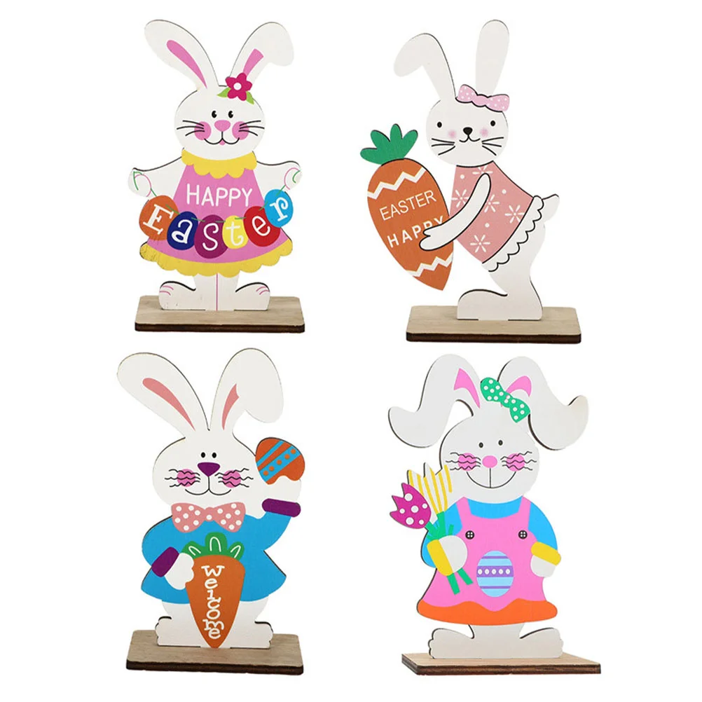 

4pcs Wooden Rabbit Ornaments Easter Bunny Adornment Desktop Decorations