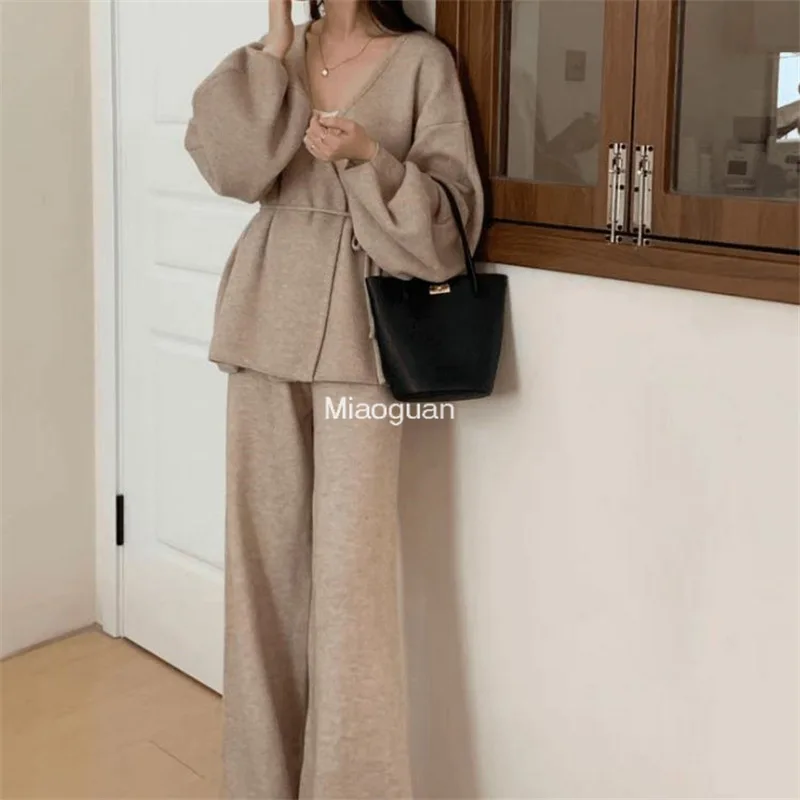 Модный свитер с v-образным вырезом и длинными рукавами на шнуровке брюки высокой