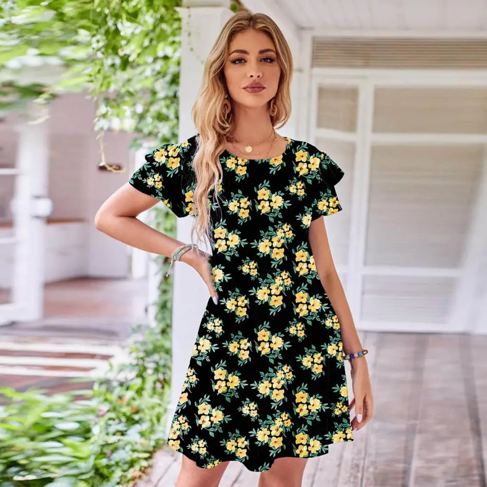 

Comfy Popular Girls Floral Printing Loose Hem Holiday Dress Skin-touching Party Dress A-Line Streetwear