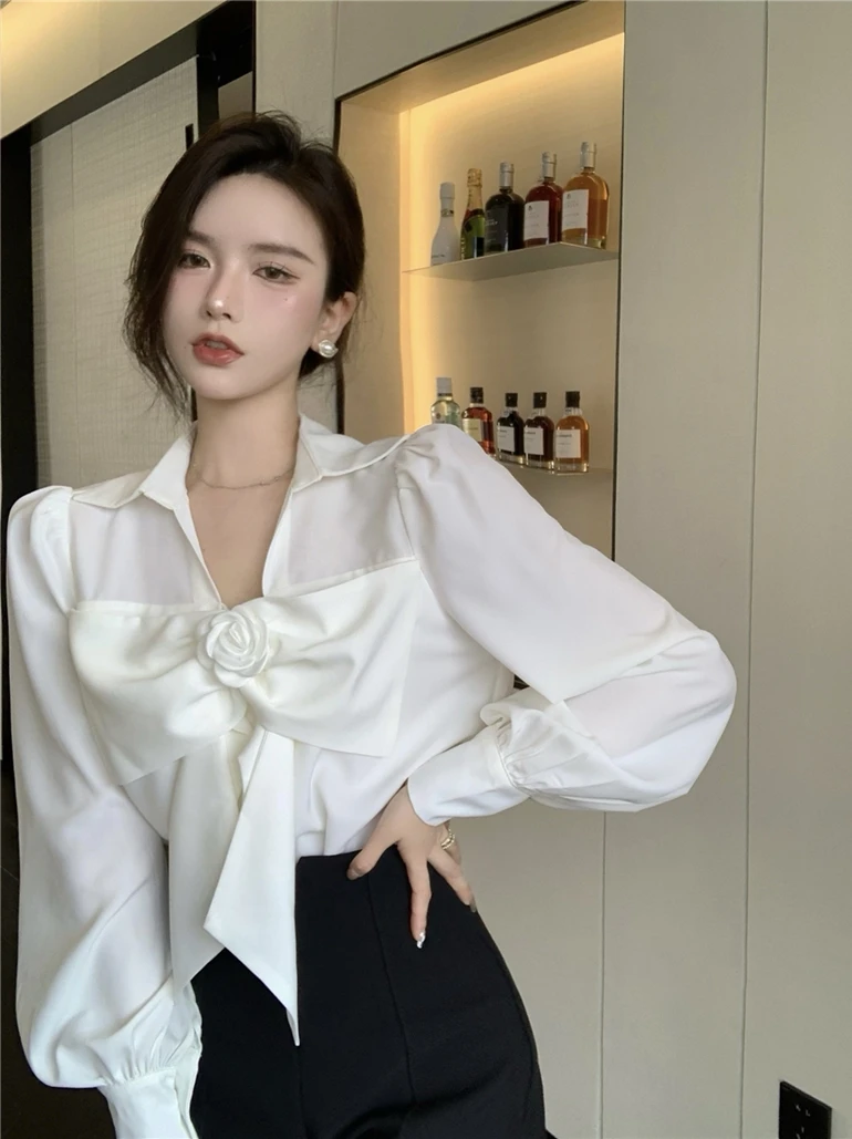 Shirts Women Design Sense Bow White Long sleeve Shirt Chubby Girl Plus size New French sle Chic Top Fashion