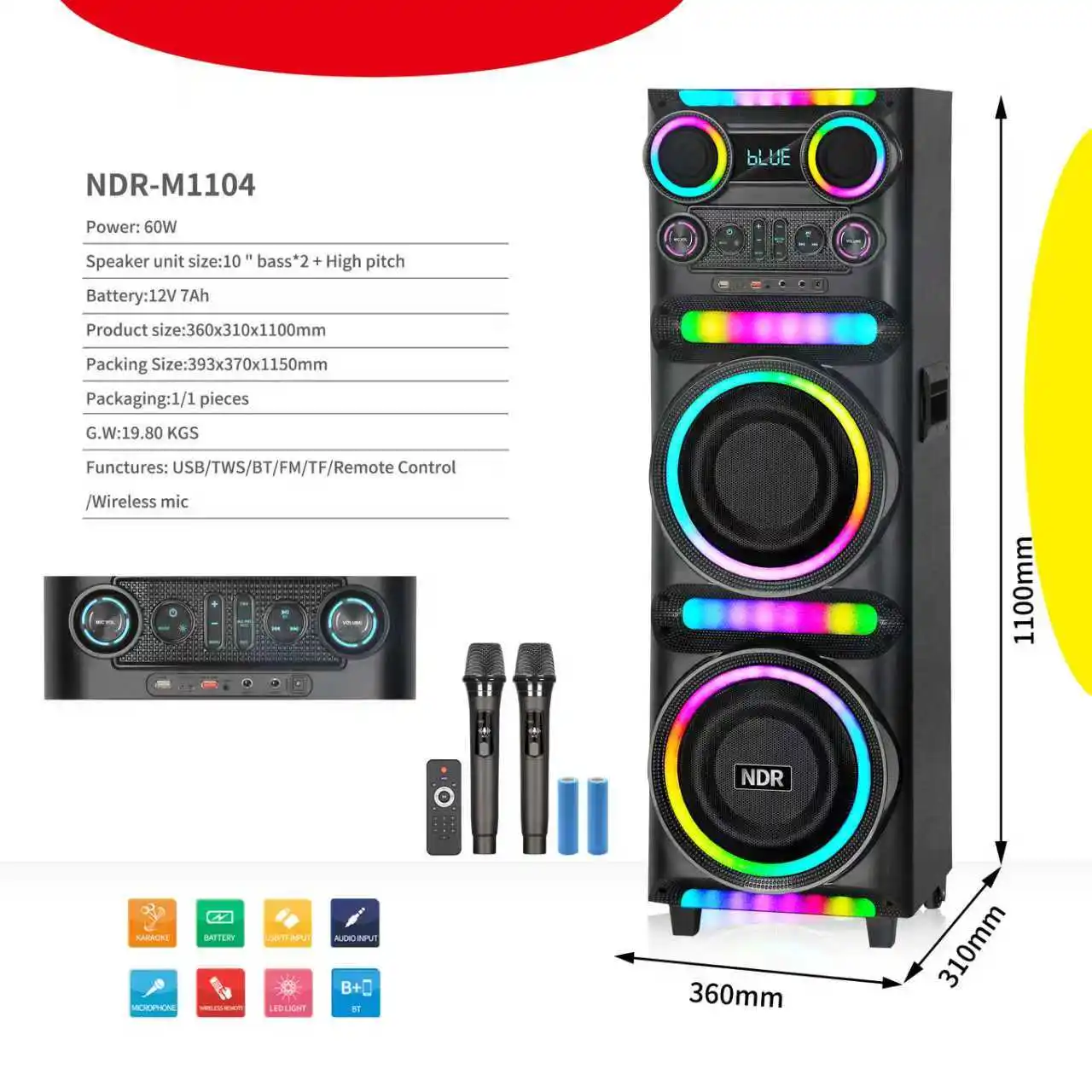 Фото Модель NDR-M1104, деревянная колонка с двумя 12-дюймовыми RGB LED динамиками, мощностью 80 Вт, для караоке и вечеринок, с беспроводным микрофоном для компьютера и мобильного телефона. №2