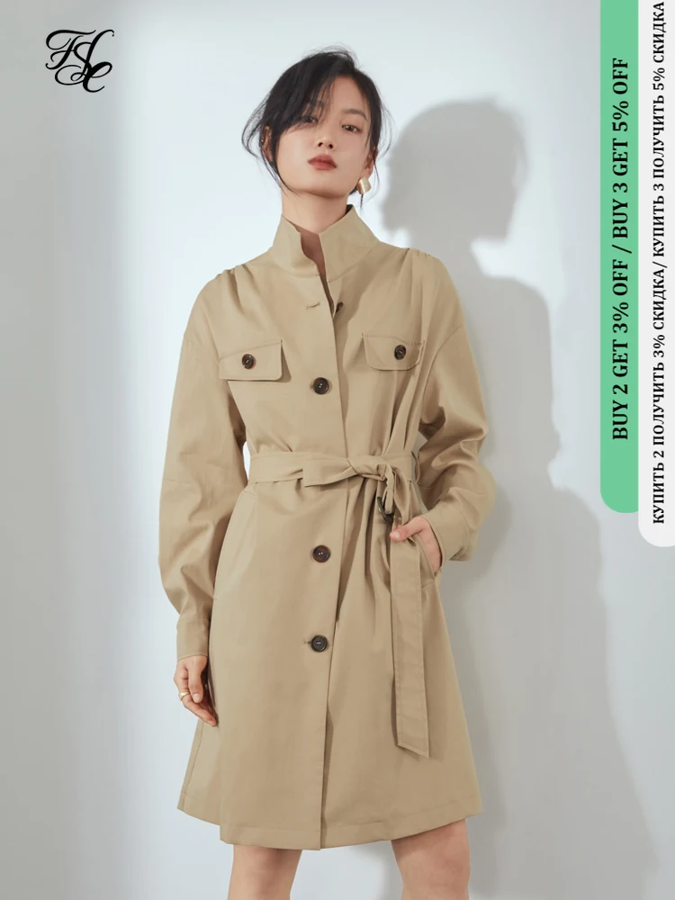 

FSLE Stand Collar Casual Long Trench Coat Women Belt Khaki Windbreaker Jacket Female Elegant Oversized Spring Coat 2021