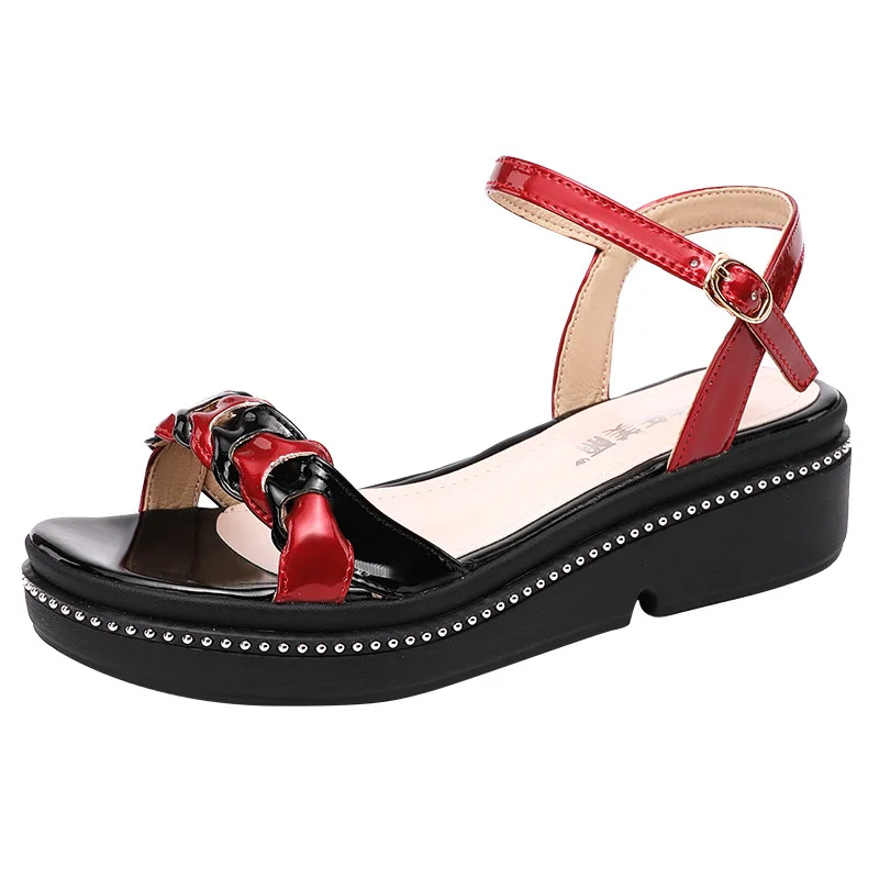 

Удобные туфли на среднем каблуке, летние Разноцветные Вязаные лакированные сандалии из искусственной кожи на танкетке, женские пляжные офи...