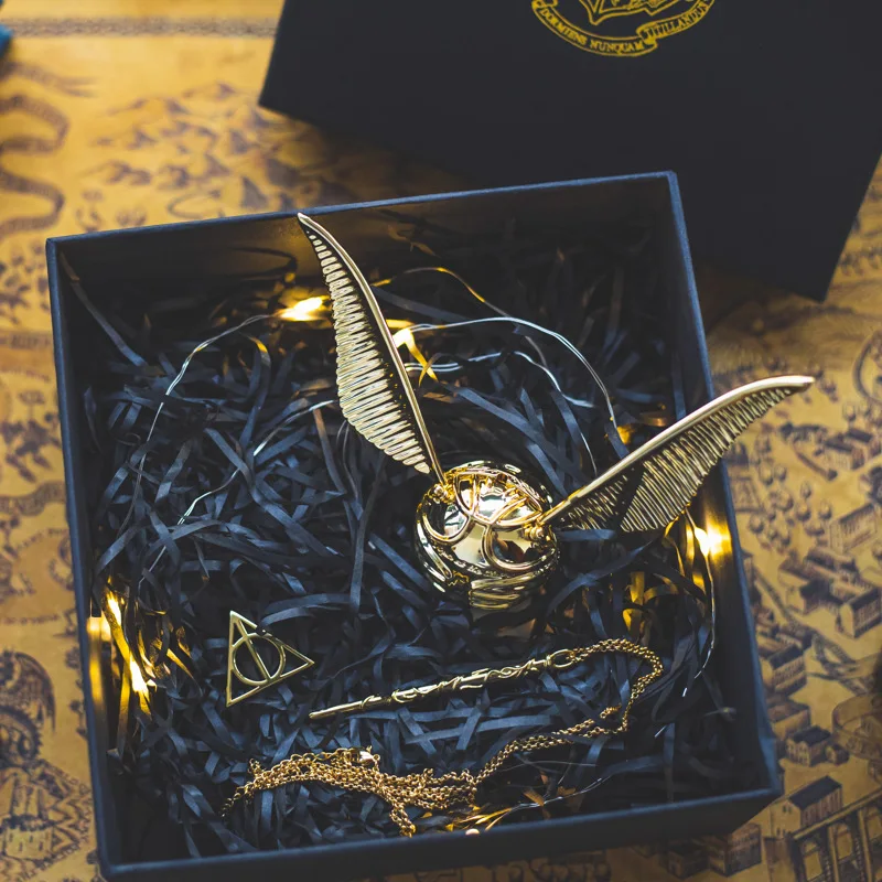 

HP Potters Copper Plated Gold With Magic Wand Pendant Jewelry Organizer Snitch Ball Ring Box Storage Holder Couple Wedding Gift
