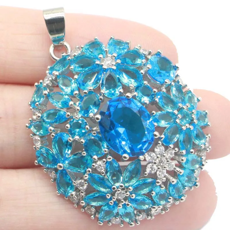

46x34mm Princess Cut Big Gemstone Swiss Blue Topaz White CZ Woman's Engagement Silver Pendant